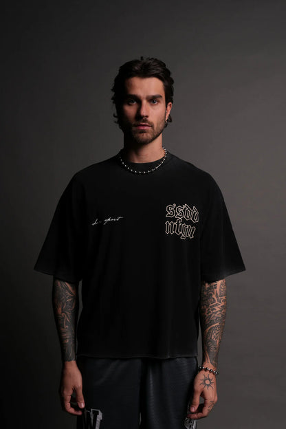 NEW BEGINNINGS PREMIUM RAW HEM "BOX CUT" TEE IN BLACK